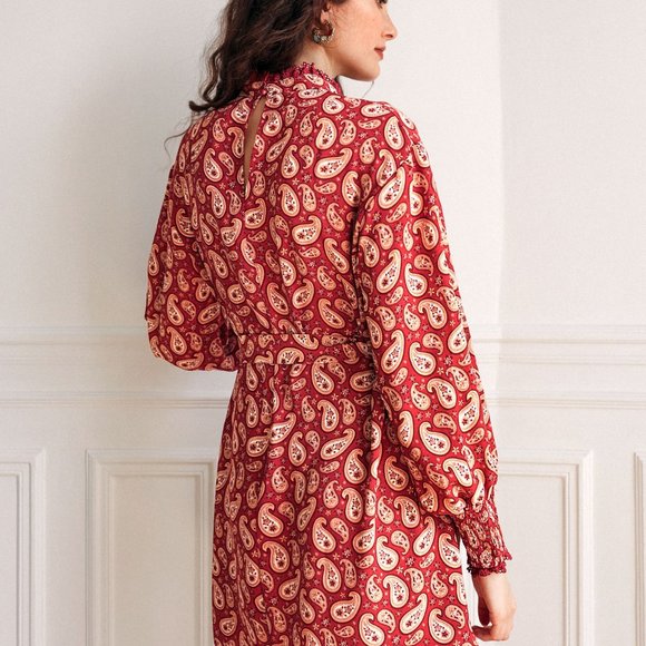 New Frenchy Paisley Print Shirred Cuff Belted Dress - Picture 2 of 8